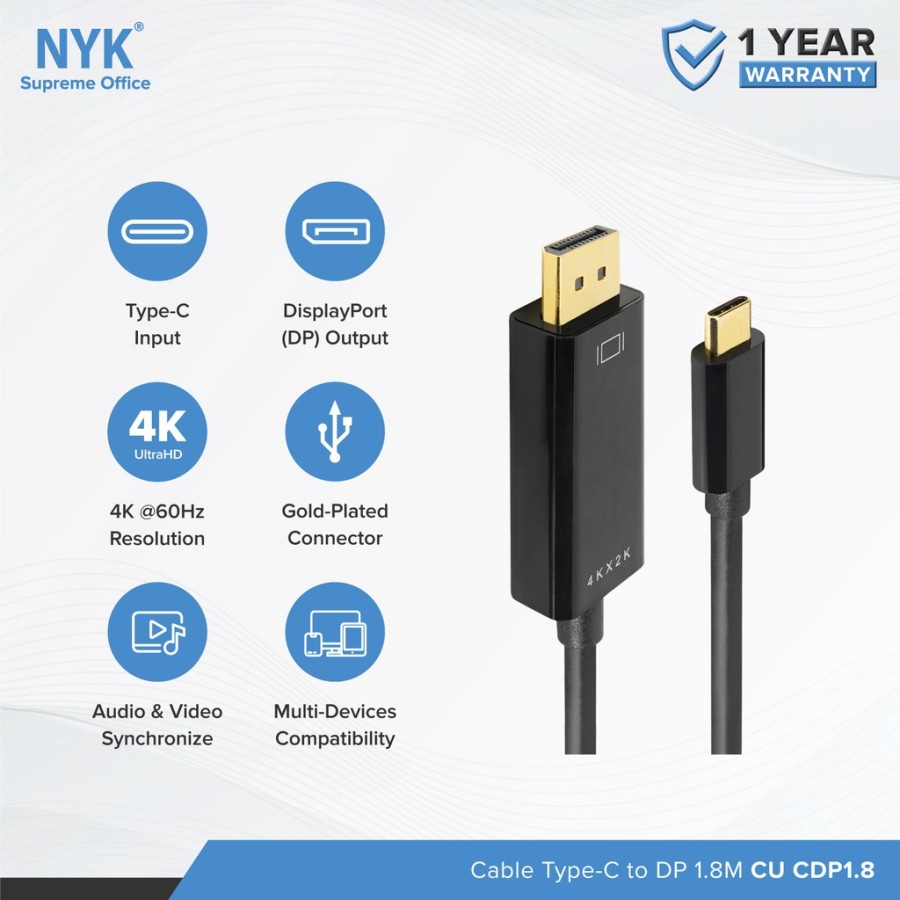 Usb 3.1 Type-c to Displayport Dp Cable Nyk 1.8 meter gold 4k 60hz 5Gbps - Kabel Usb-c to display port 1.8m