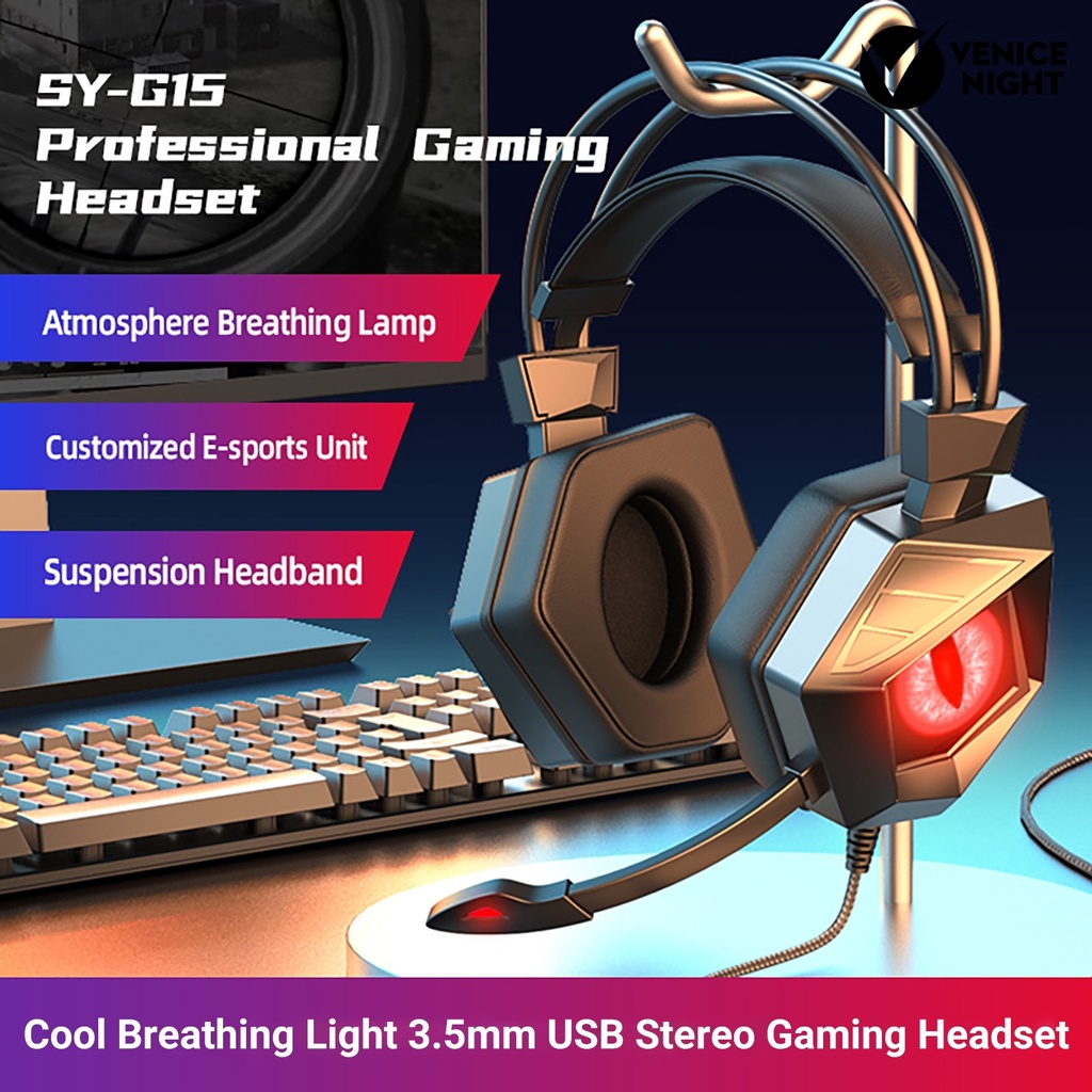 (VNEP) (Berkabel) Soyto SY-G15 Headphone High Fidelity Noise Reduction dengan Cool Breathing Light 3.5mm USB Stereo Gaming Headset untuk Komputer