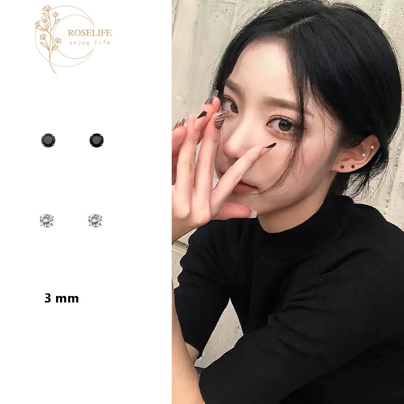 Roselife 2pcs Anting Tusuk Silver S925 Mini Hias Kristal Zircon 3mm Untuk Pria / Wanita