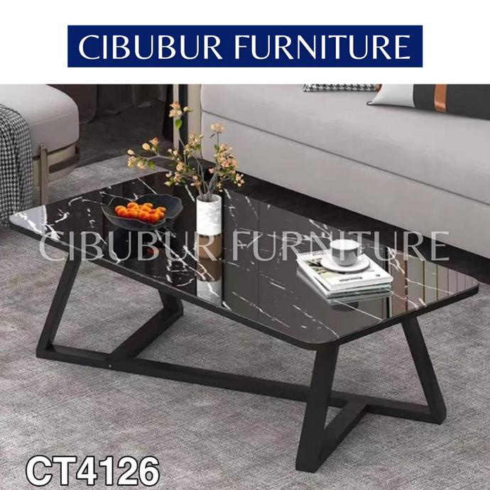 Meja Tamu Minimalis Modern Hitam Kaki Besi Motif Marmer Storklara