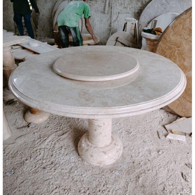 meja makan bulat + putar marmer putih