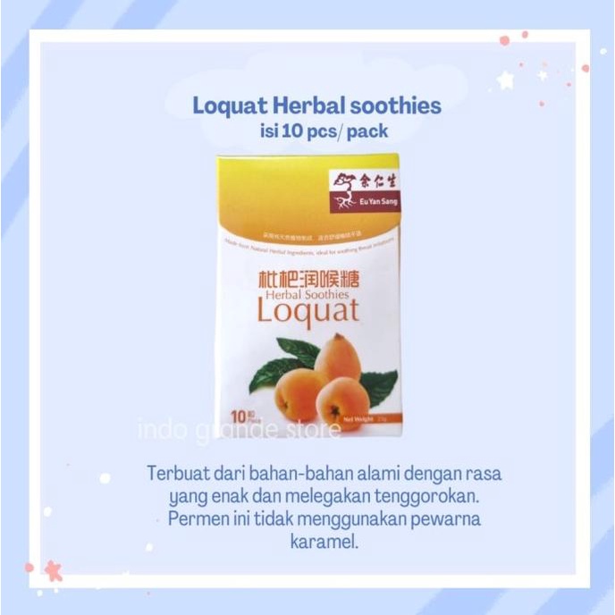 

TERMURAH Eu Yan Sang Loquat Soothies Permen Pelega Tenggorokan 25gram /PERMEN LUNAK/PERMEN VIRAL/PERMEN MILO/PERMEN YUPI/PERMEN JADUL/PERMEN KARET