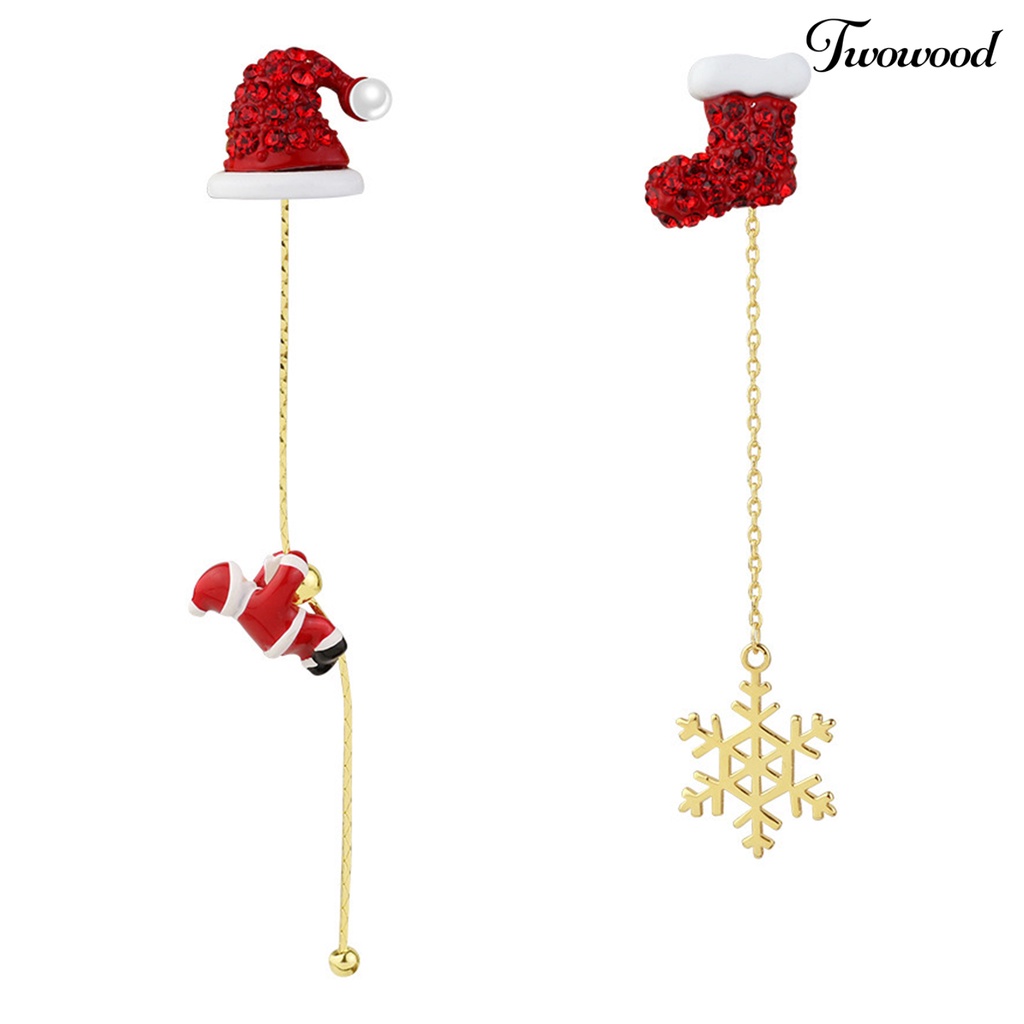 1 Pasang Anting Rantai Rumbai Panjang Asimetris Desain Santa Claus Snowflake Bell Drop Untuk Hadiah Natal