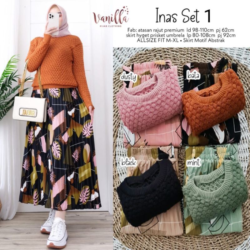 INAS 1 SET ROK ORI VANILLA • Setelan atasan rajut+rok prisket