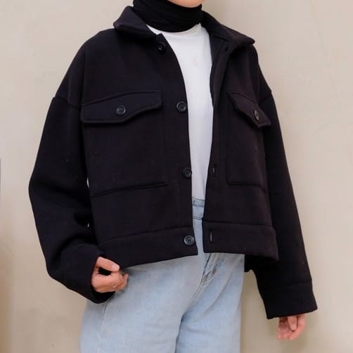 HUM - ZFS OOTD Jaket Crop Pocket Kekinian / GENA BB FLEECE CROP JACKET OUTER LUARAN WANITA / Outwear