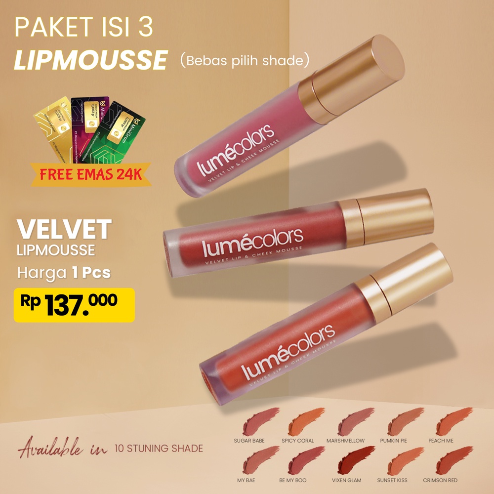 (Free Emas 24K) Lumecolors Paket Bundling 3pcs Lipmousse 3IN1 Lip+Eyeshadow+Blush-On (bebas pilih warna)