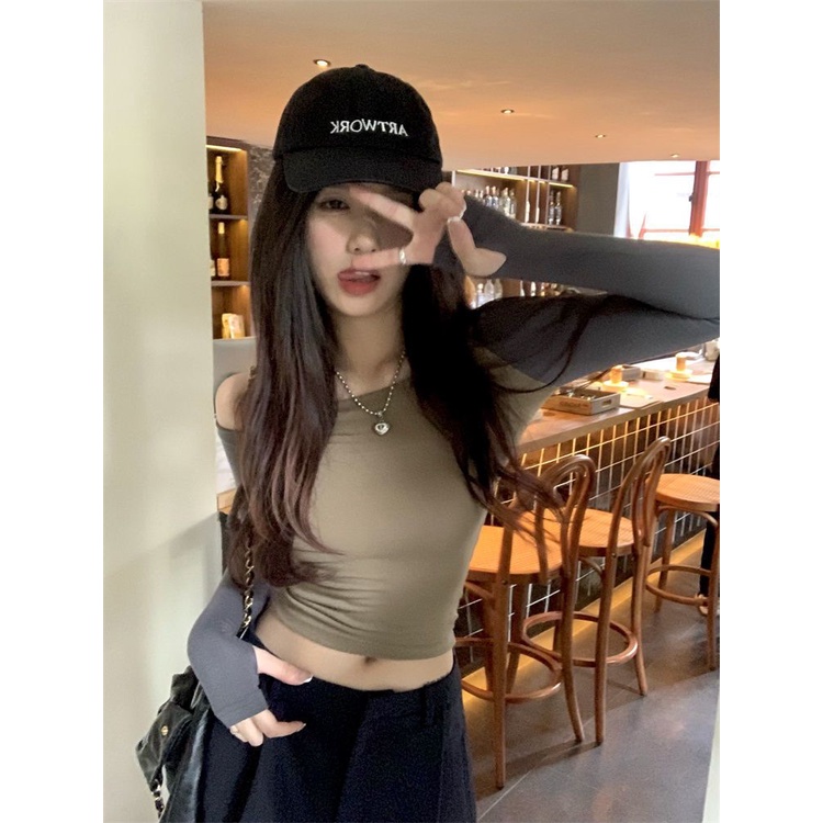 Suhao Satu Bahu T-shirt Wanita Musim Panas Kontras Warna Jahitan Gadis Panas Retro Tanpa Tali Seksi Ketat Tipis Lengan Panjang Atasan Pendek