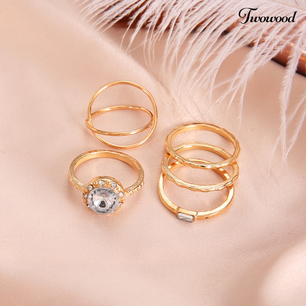 5pcs / Set Cincin Jari Cubic Zirconia Bentuk Bulat Silang Untuk Wanita