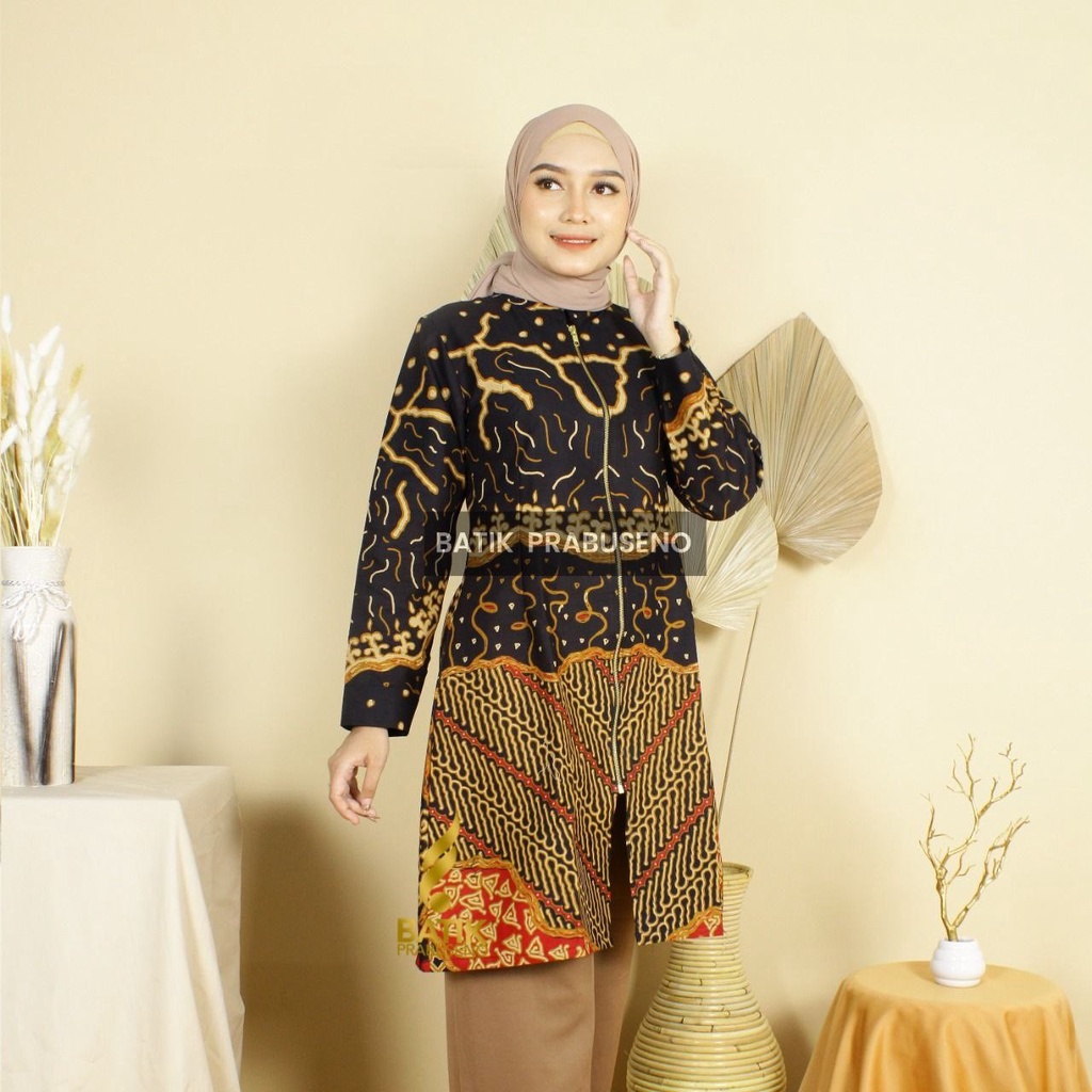 Atasan Batik Wanita Tunik Motif  Original Asli Batik Prabuseno Solo Motif Lanjar Merah Baju Atasan J