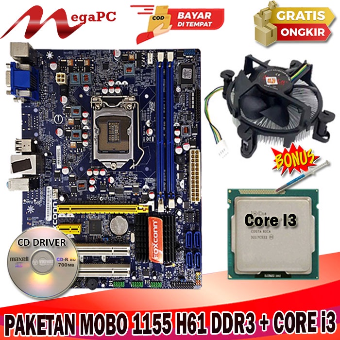 Mainboard Intel 1155 H61 DDR3 + Core i3 2120 + Fan