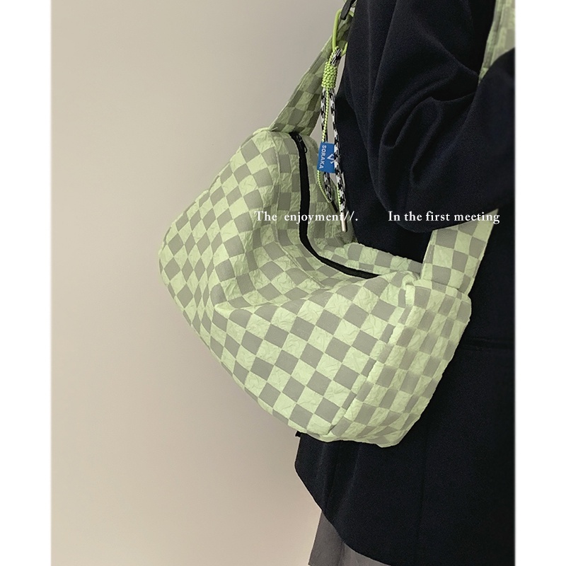 Suhao tas messenger olahraga wanita musim panas 2022 baru trendi fashion kotak-kotak tas kanvas all-match in one-shoulder messenger bag