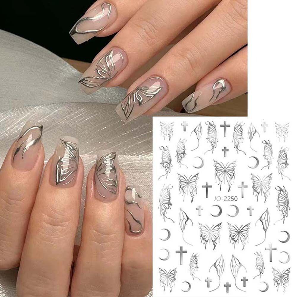 Mxbeauty Stiker Kuku Motif Kupu-Kupu Hollow Warna Hitam / Putih Untuk Dekorasi Nail Art / Manicure Wanita Butterfly