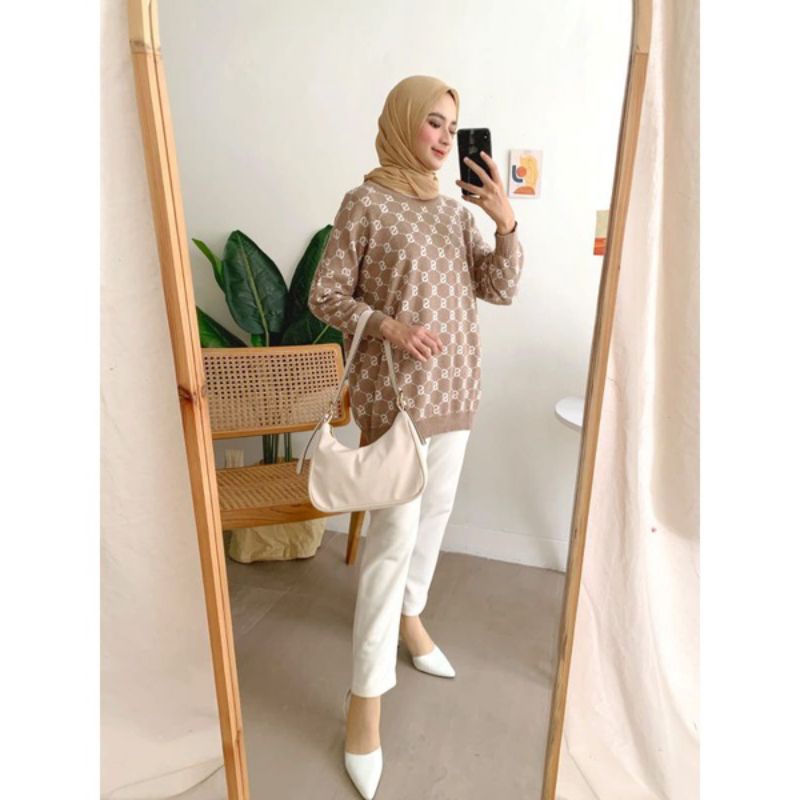 Blouse Knit Monogram / Outwear Knited / Sweater Rajut Wanita