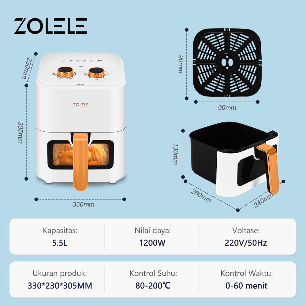 ZOLELE Air Fryer Low Watt 5.5 L Mesin Elektrik Penggorengan Tanpa Minyak Penggoreng LCD Touch Control Digital Magic Airfryer Panci Alat Penggoreng Listrik Airfryer Magic Fryer Digital Low Watt Steam Anti Lengket ZA003