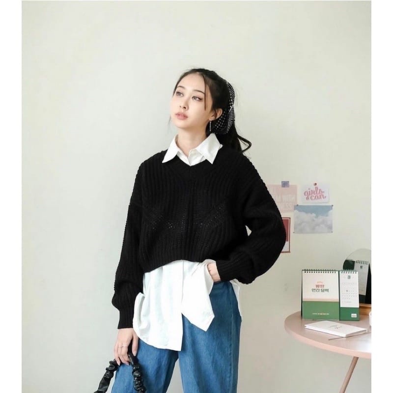 HAYANA SWEATER CROP TOP SIDO BOLONG NARA KNIT / OVERSIZED SWEATER / RAJUT TEBAL LENGAN PANJANG