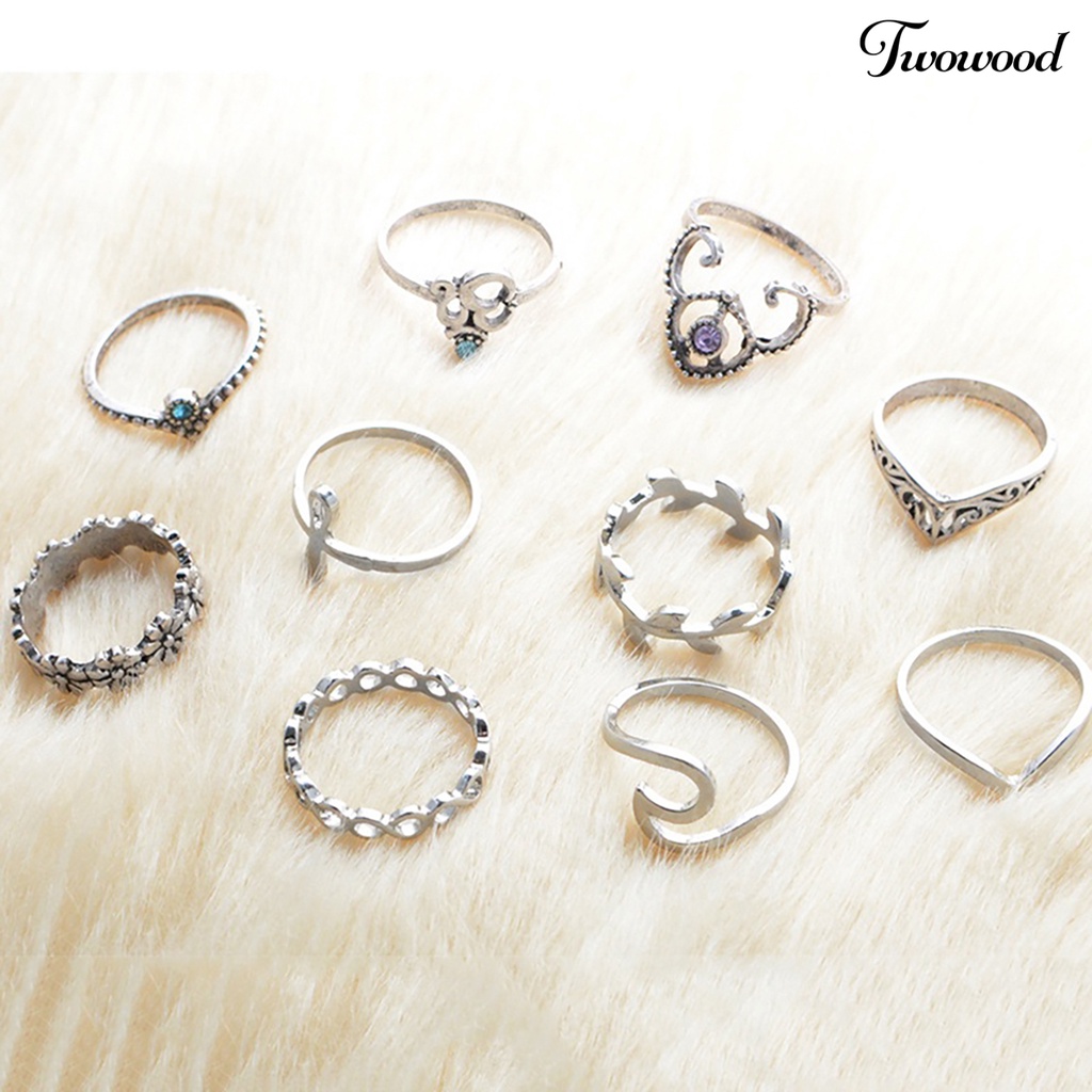 10 Pcs Cincin Knuckle Bentuk V Motif Bunga Gaya Vintage Untuk Wanita