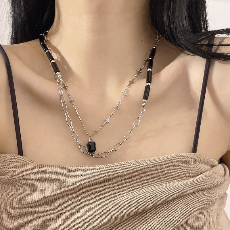 Kalung Rantai Klavikula Ganda Warna Hitam Untuk Aksesoris