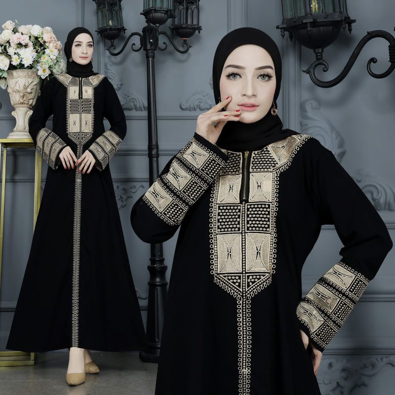 MUZA ABAYA HITAM ZIPER BORDIR DUBAI ROSE GOLD (BUSUI)