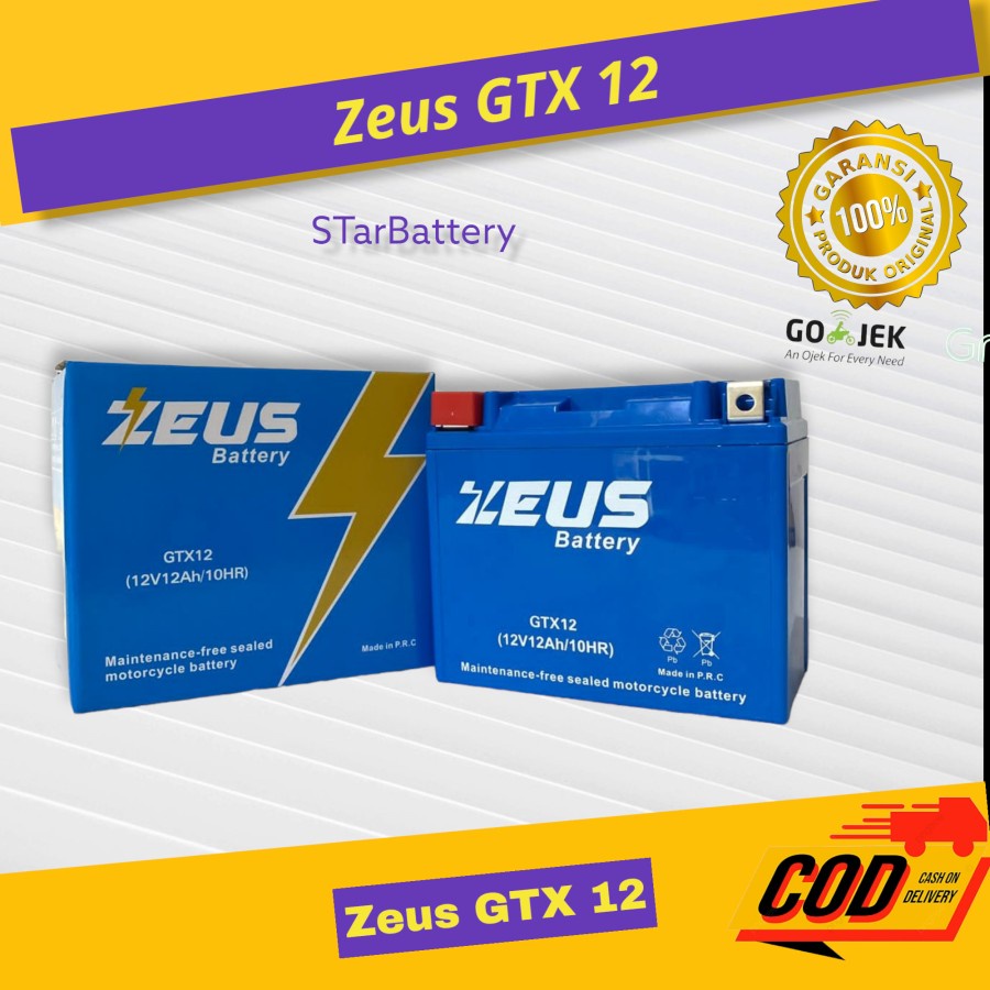 ZEUS BATTERY MBTX12U GTX-12 - 12Ah (Garansi 1 Tahun) AKI ACCU KERING