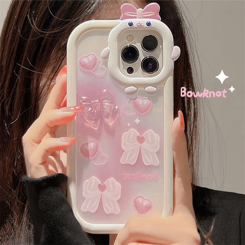 Soft Case Pelindung Lensa Bahan Silikon Tahan Banting Aksen Pita Pink Untuk iPhone 14 13 12 11 Pro Max X Xr Xs Max 7 8 6s Plus