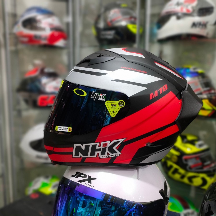 Helm full face original nhk gp1000 m19 red black doff double visor paket ganteng visor blue spoiler 