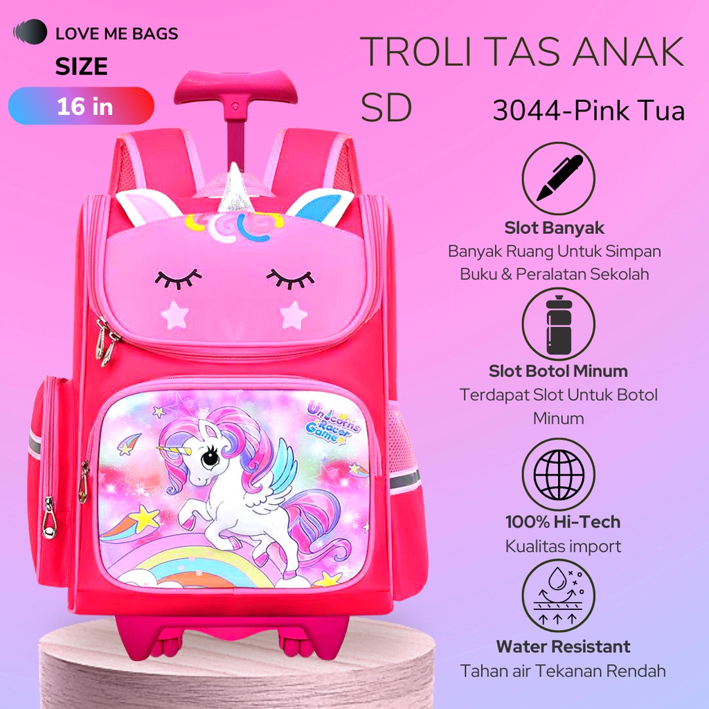 LMB Tas Troli Anak Sekolah Perempuan SD Import Unicorn Karakter Lucu Bagian Depan Timbul 6D Bahan Nilon Premium Kuat dan Tebal