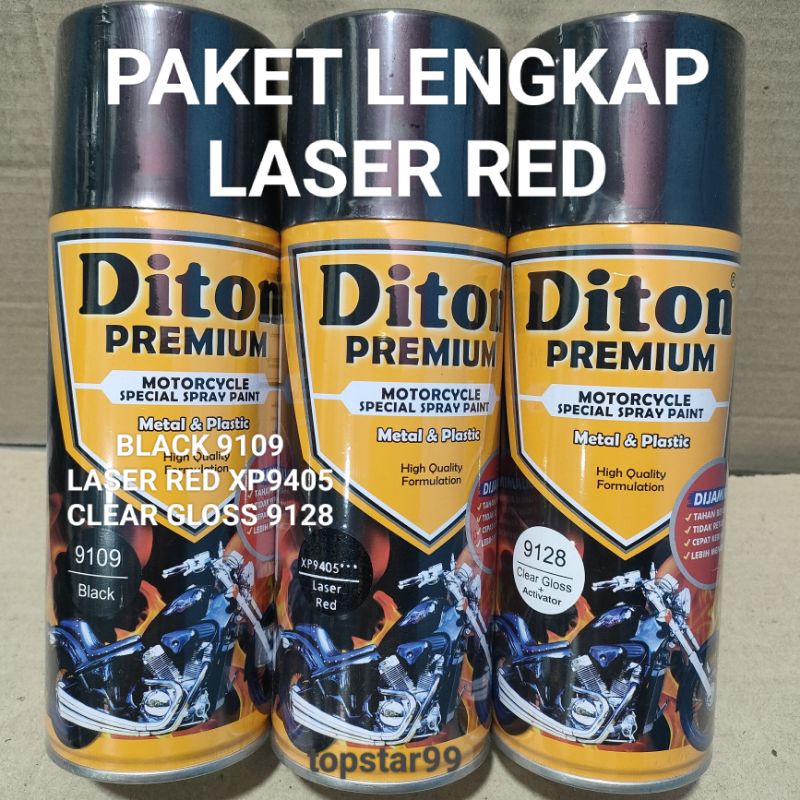 Pilok Cat Diton Premium Paket Lengkap 3 Kaleng Laser Red XP9405 Xirallic Xiralic Merah Black 9109 Clear Gloss 9128 400cc Pilok Paketan Cat Semprot Special Spray Paint