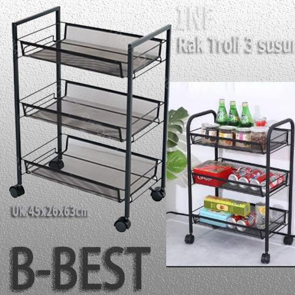 Rak Troli Penyimpanan Makanan Beroda 3 Susun / Rak Trolley Hitam