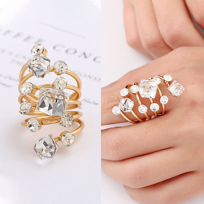 Cincin Berlian Imitasi Bentuk Geometris Gaya Eropa Amerika