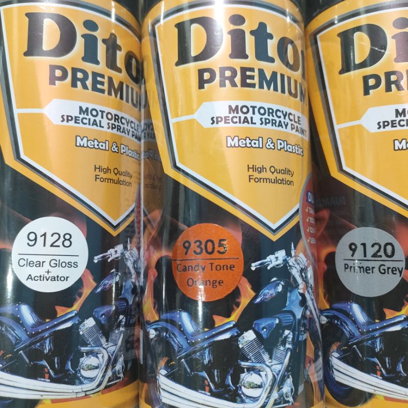 Pilok Cat Diton Premium Paket Lengkap 4 kaleng Candy Orange Candi Tone Oren 9305 Primer Grey Epoxy 9120 Silver Metalic 9180 Clear Glossy 9128 400cc Pilox Paketan Cat Semprot Special Spray Paint