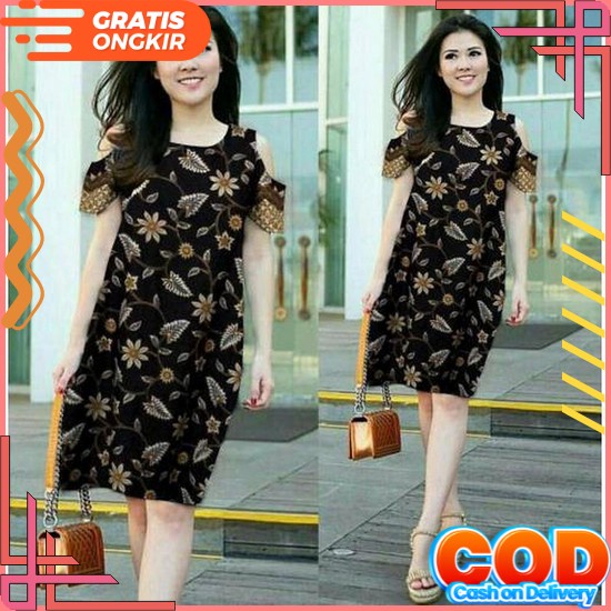 Baju Dress Wanita Modern Model Terbaru Motif Batik Lengan Pendek Selutut Party Natal Seragaman Karya