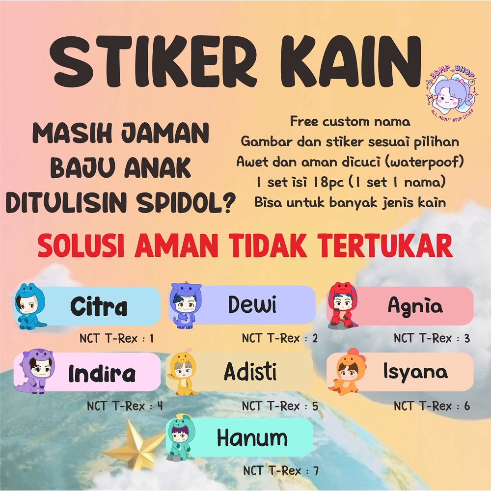 Stiker nama kain baju custom label sablon setrika laki laki pria perempuan gadis wanita anak muslim sd sekolah pondok  tk fullday scholl nct dream