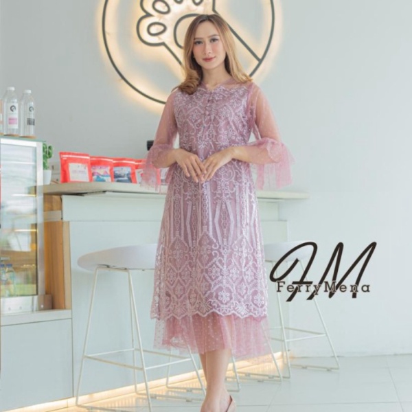 Promo longdress tille mix tutu/dress natal mewah/dress kancing depan - lilac M Berkualitas