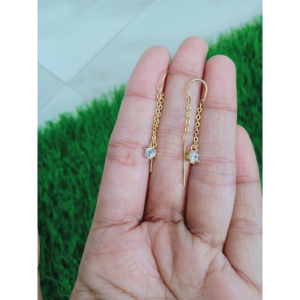 giwang tusuk model panjang rantai nori + m . solitaire mp 1 / giwang perak asli silver 925 lapis emas/ giwang fashion wanita terbaru