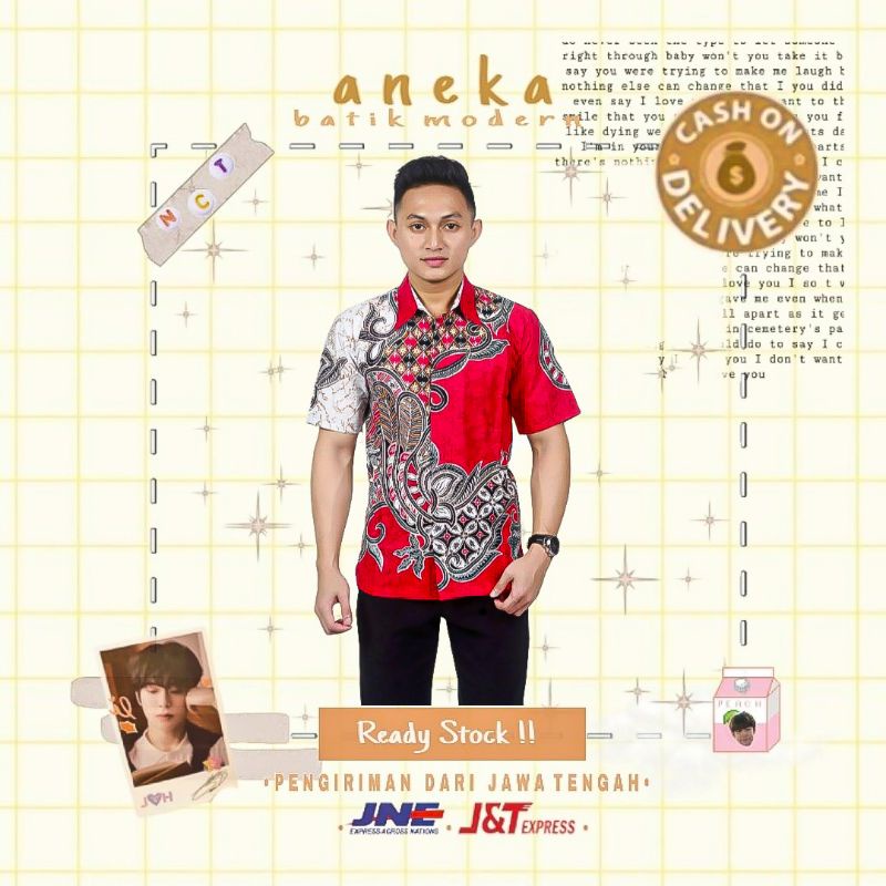 ATASAN HEM BAJU BATIK PRIA COWOK LENGAN PENDEK WARNA MERAH PUTIH M L XL XXL KONDANGAN KANTOR LEBARAN