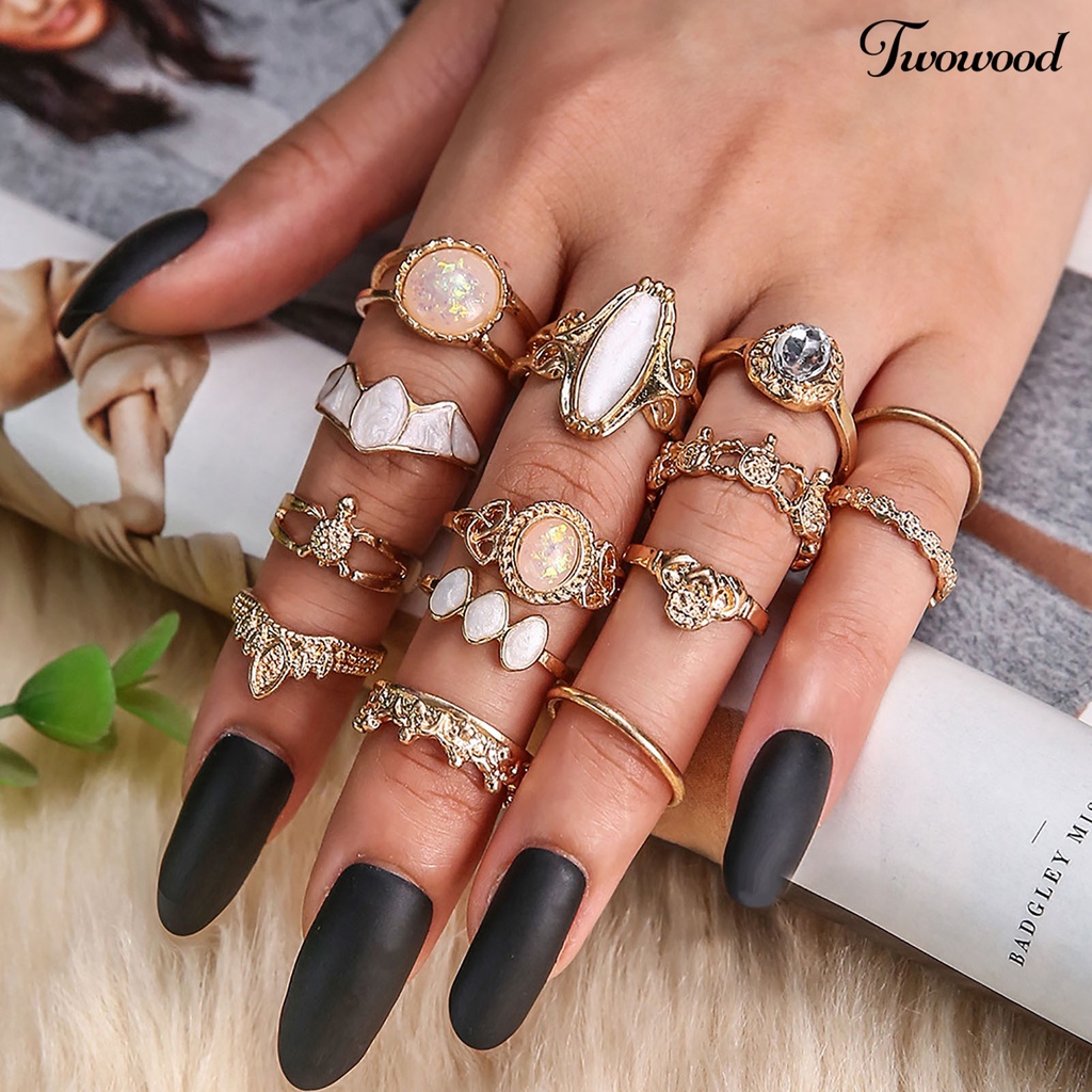 14pcs Cincin Knuckle Model Hollow Stackable Bahan Alloy Aksen Permata Imitasi Gaya Etnik