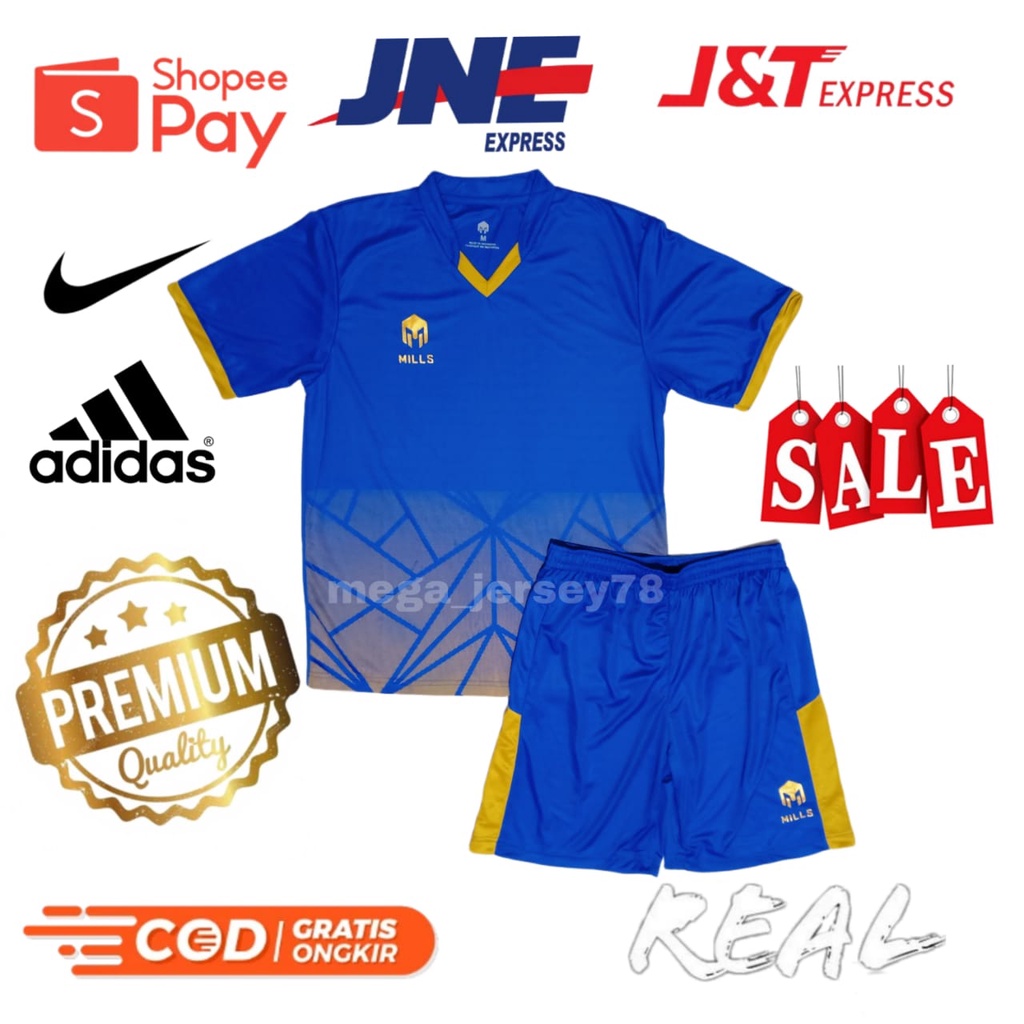 Stelan Jersey Olahraga Mills Biru Dot Bola Futsal Badminton Bagus Murah Adem