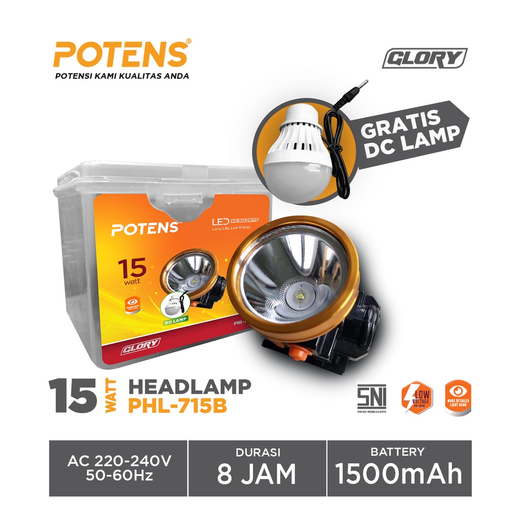 ✤ ACCBAYI✤ PHL Potens Original Headlamp 15 Watt + LED 3 Watt Lampu Senter Kepala Head Charger Lamp Premium Import