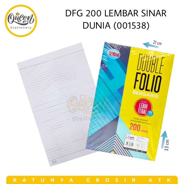 

1 PACK DFG 200 LEMBAR SINAR DUNIA (001538) - KERTAS DOUBLE FOLIO BERGARIS