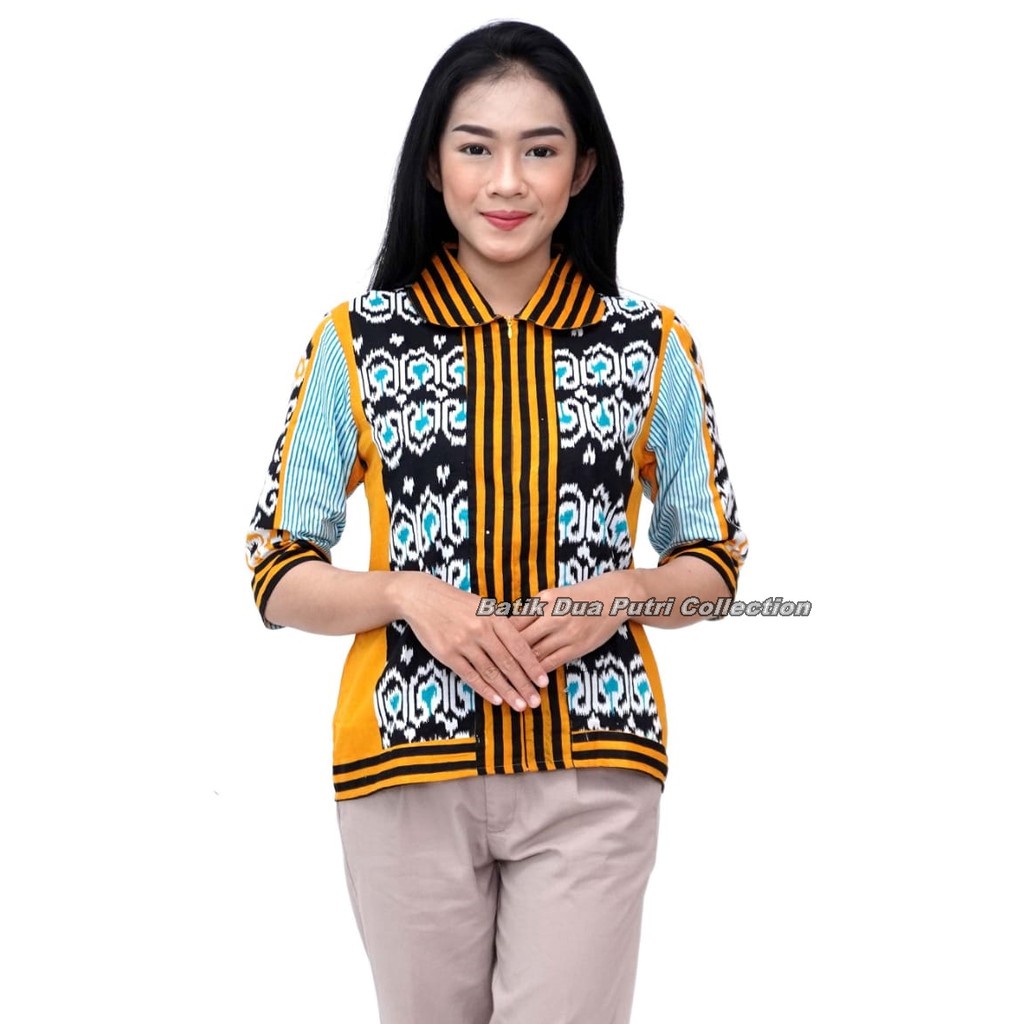 Batik Wanita Blouse Atasan Modern Lengan 3/4 Warna Kuning Bergaris Batik Dua Putri Collection