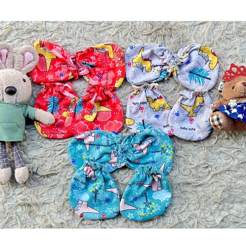 Sarung tangan dan kaki bayi printing 3 set Promo 9.9