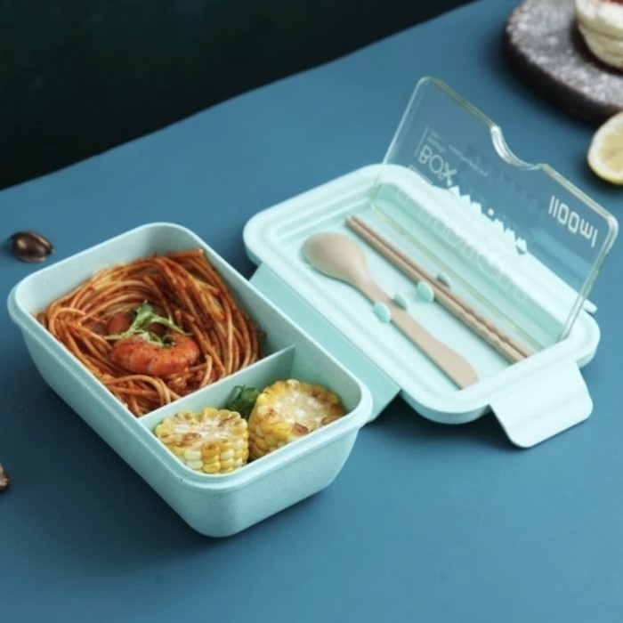 Lunchbox Bento Bekal Sekat 2 Kotak Tempat Makan + Sendok 1100 ML 4in1