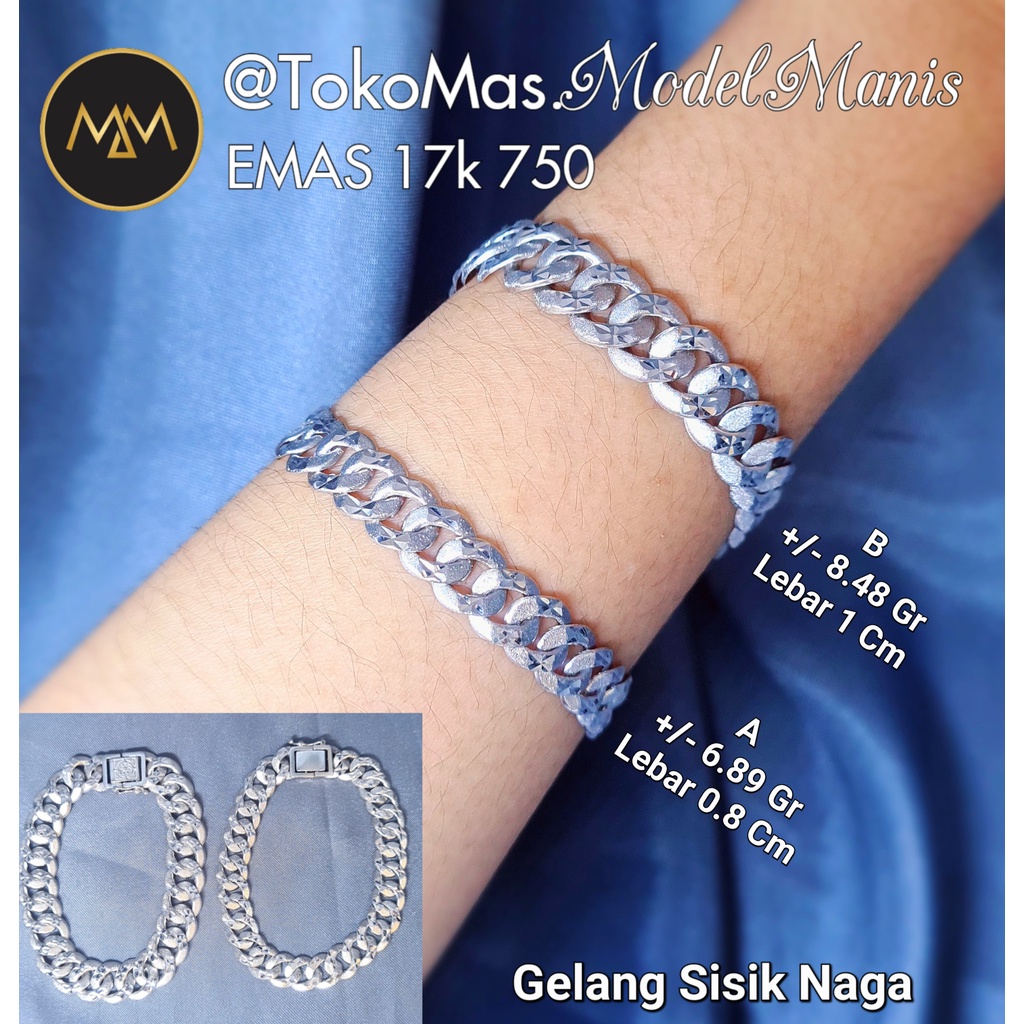 Gelang sisik naga lebar ringan emas putih 750 kadar 17k