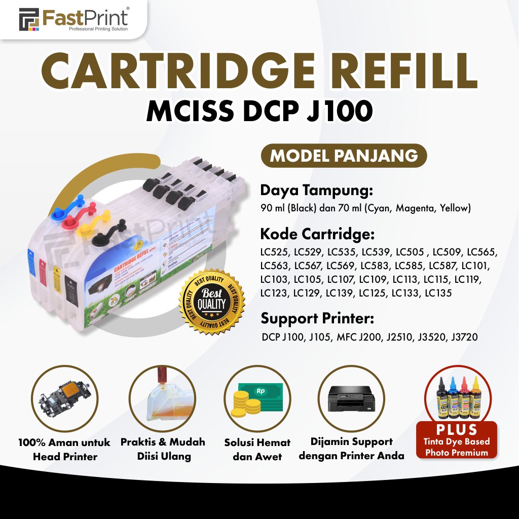 Cartridge MCISS Compatible Printer J100 J105 J200 J2510 J3520 J3720 Panjang Plus Tinta