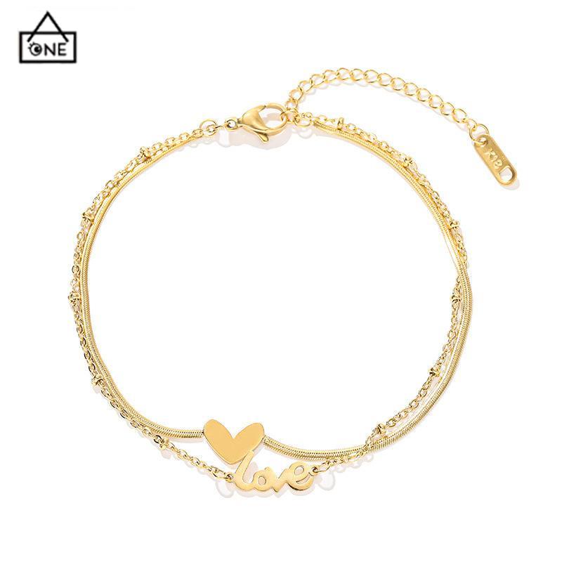 COD❤️Gelang Kaki Titanium 2 Layer LOVEHuruf Hati Anti Karat Emas 18k Aksesoris Wanita Korea-A.one