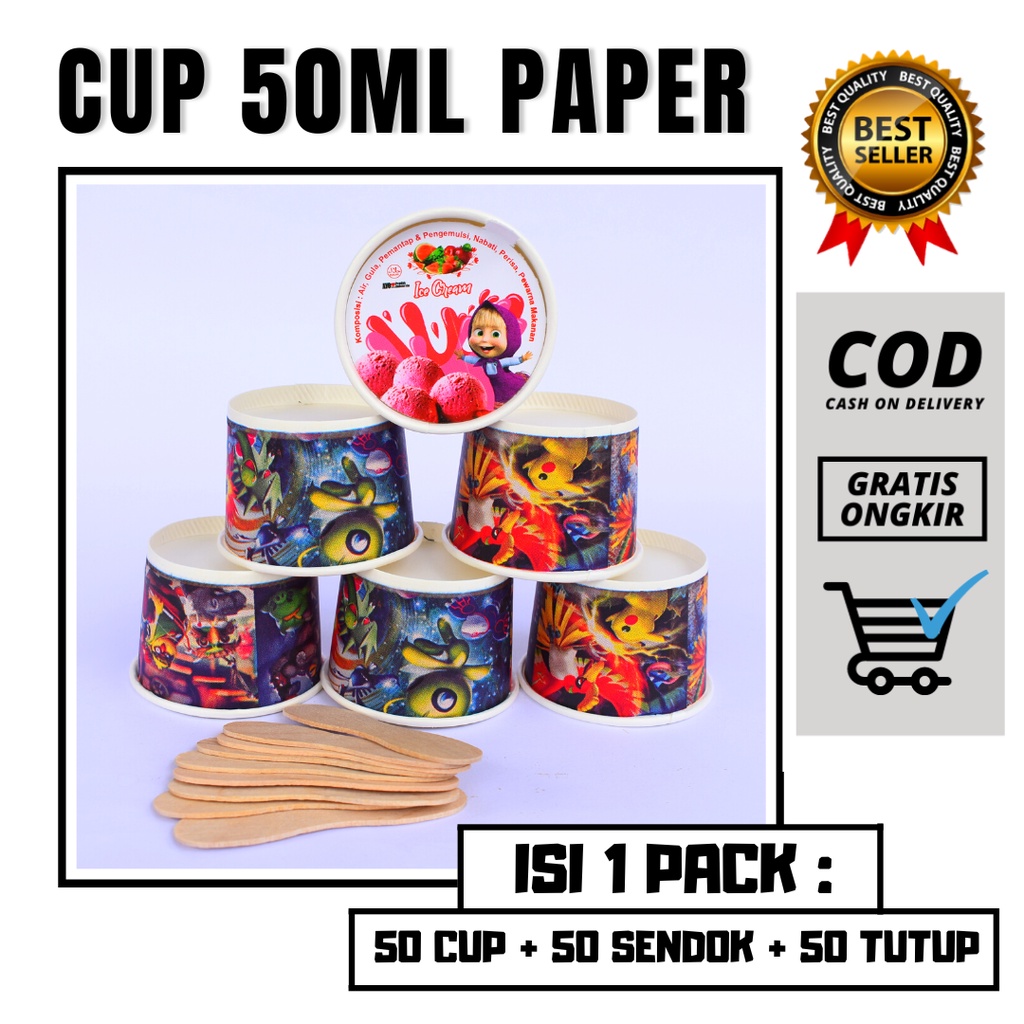 CUP ES KRIM 50ML CUP ICE CREAM PAPER LENGKAP TUTUP DAN SENDOK Isi 50pcs