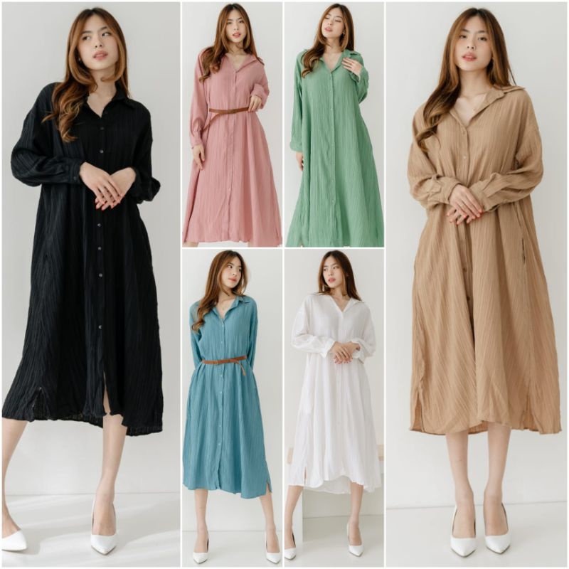 ♡ PREMIUM ♡ ORIGINAL !  MAHEERA BIG SIZE JUMBO PLEATED CRINKLE COLLAR BUTTON LONG SLEEVE MIDI LOOSE DRESS WITH BELT ( BUSUI , HIJAB &amp; BUMIL FRIENDLY )