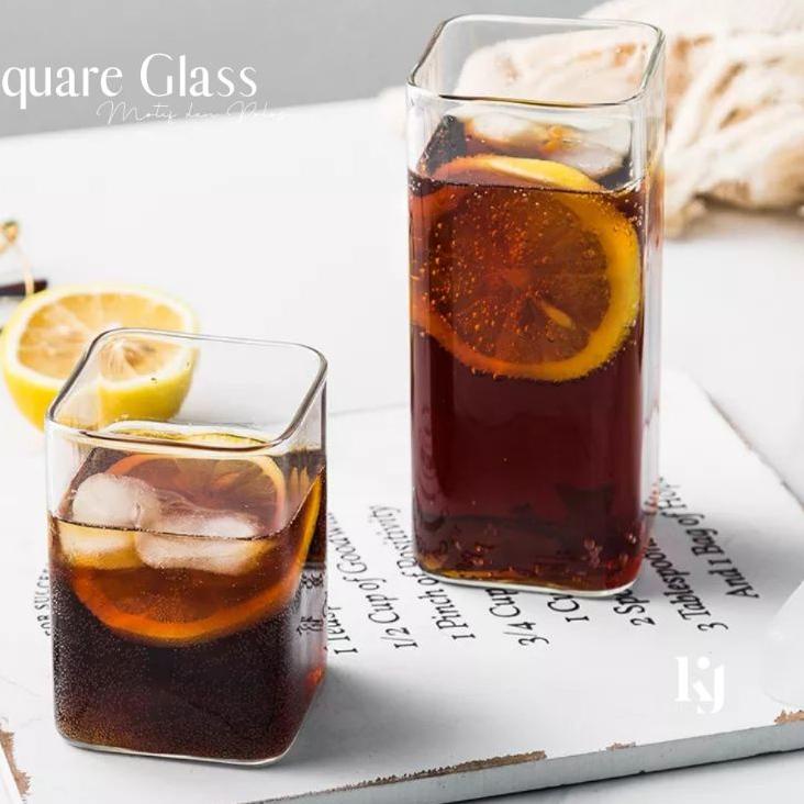 Terbaik KJ - Square Glass / Gelas Transparan Kotak Unik Gelas Minuman Borosilicate Glass / Gelas kaca bening bentuk kotak 250 ML 400 ML untuk properti photo / Gelas Minuman Borosilicate Glass Gelas Kaca kotak / Gelas Kaca Aesthetic Borosilicate Square