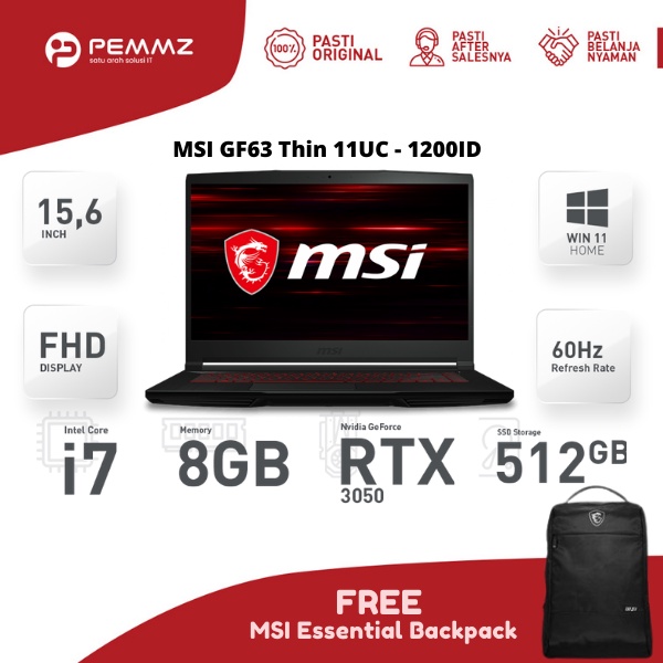 MSI GF63 Thin 11UC - 1200ID | i7-11800H | RTX3050 4GB | 144Hz