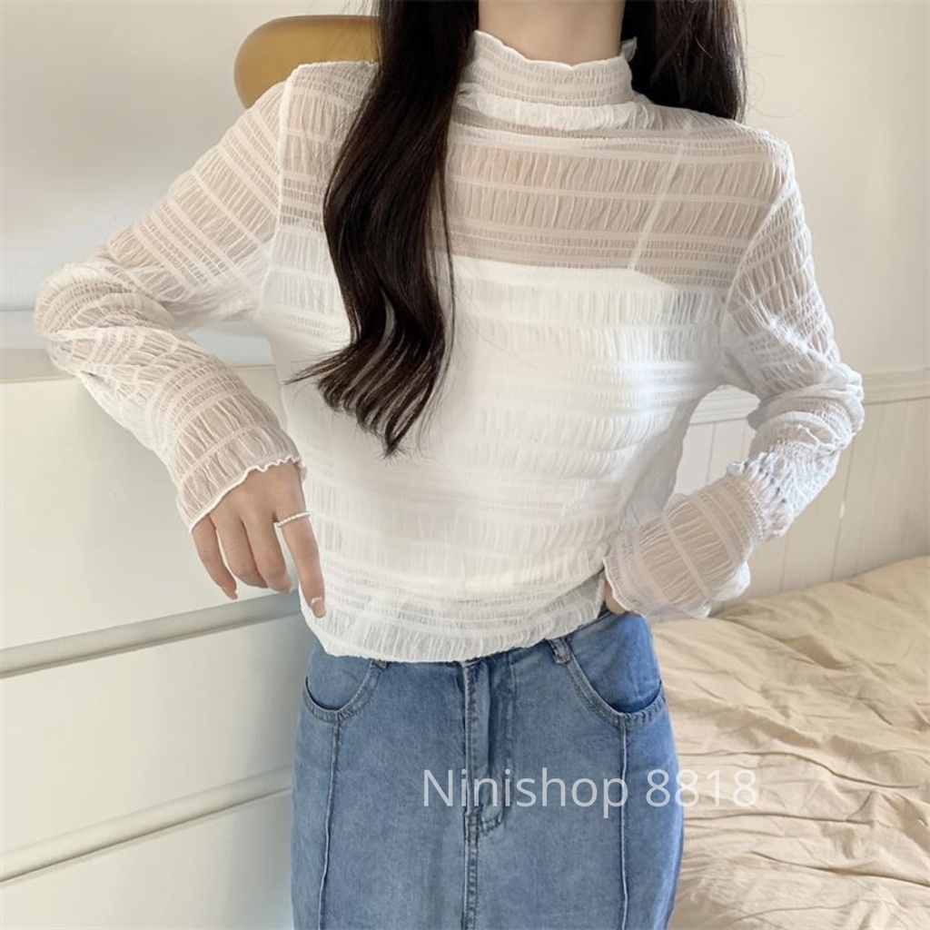 Baju Atasan Wanita Lengan Panjang Flowy Korea Style/ Baju Atasan Chiffon/ Atasan Putih Wanita Lengan